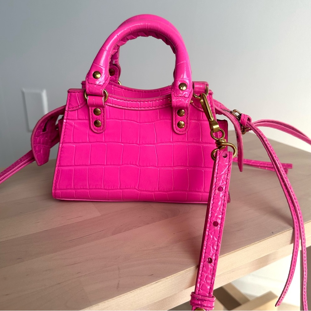 Balenciaga Neo Classic Nano Size In Bright Pink Croco Leather - Picture 3 of 11